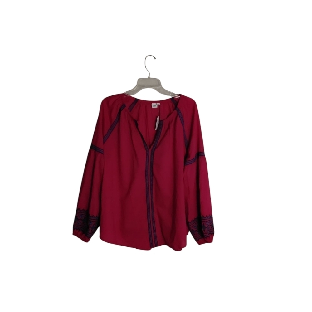 Gap Women's XXL Pink Blue Embroidary Split Neck Long Sleeve Flowy Top